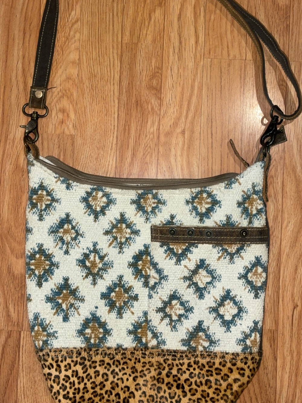 Myra Bag Teal, Brown and Cream Boho Crossbody with Leopard Trim